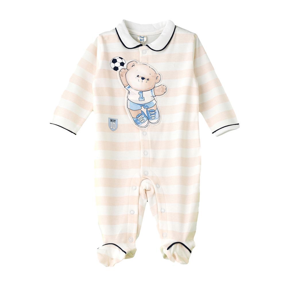 Tiny Hug - Baby Boy Soccer Bear Coverall - Beige