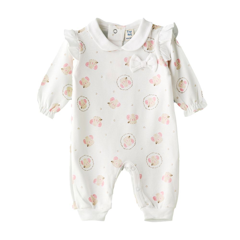 Tiny Hug - Baby Girl White Mice Ruffled Coverall - White