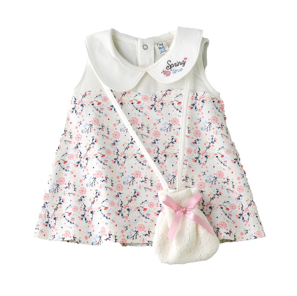 Tiny Hug - Baby Girl White Spring Floral Dress With Matching Bag