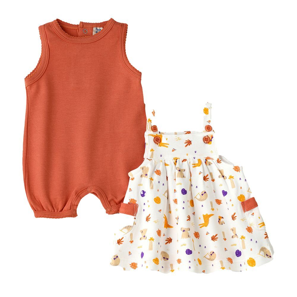 Tiny Hug - Baby Girl Sleeveless Onesie And Printed Pinafore Dress Set - Orange