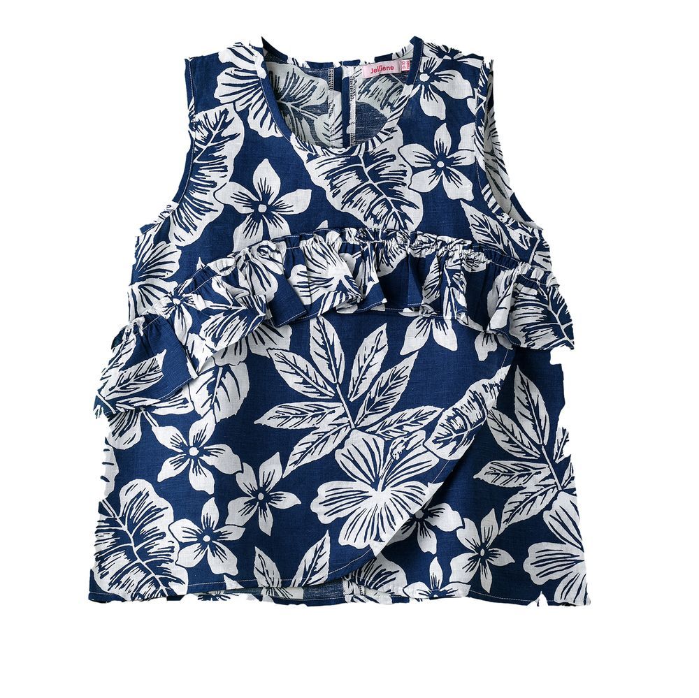 Jelliene - Girl's Floral Sleeveless Ruffled Top - Blue