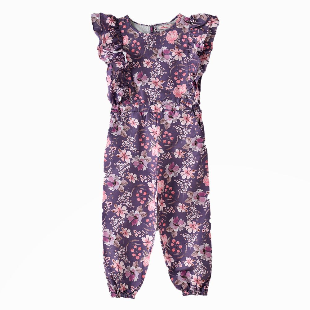 Jelliene - Blooming Fun Girls' Viscose Floral Print Jumpsuit - Purple