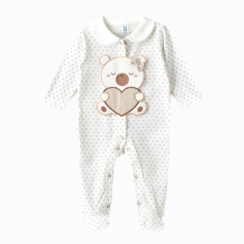 Tiny Hug - Baby Boys' Cotton Knit Sleepsuit - Beige Heart