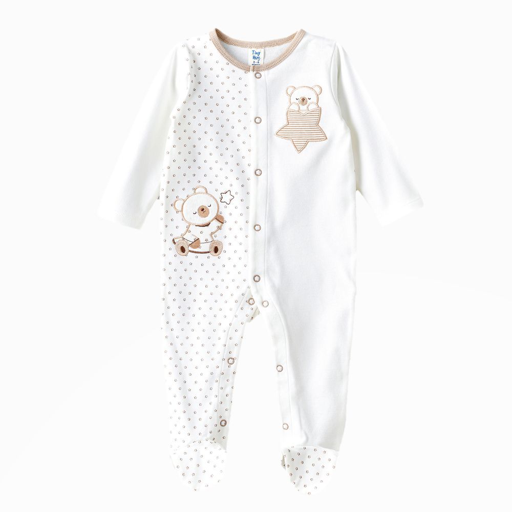 Tiny Hug - Baby Boys' Cotton Knit Sleepsuit - White/Beige