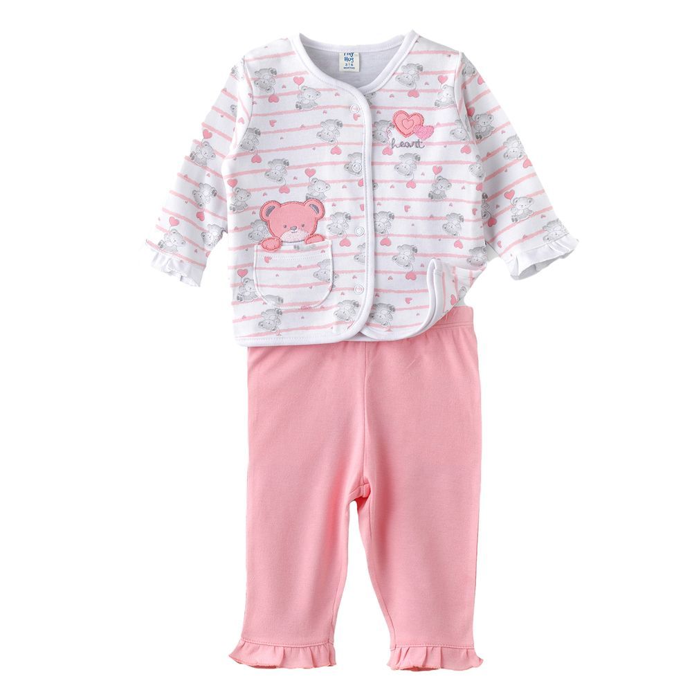 Tiny Hug - 2pc-Set - Baby Girls' Teddy Bear Printed Pyjama - Pink