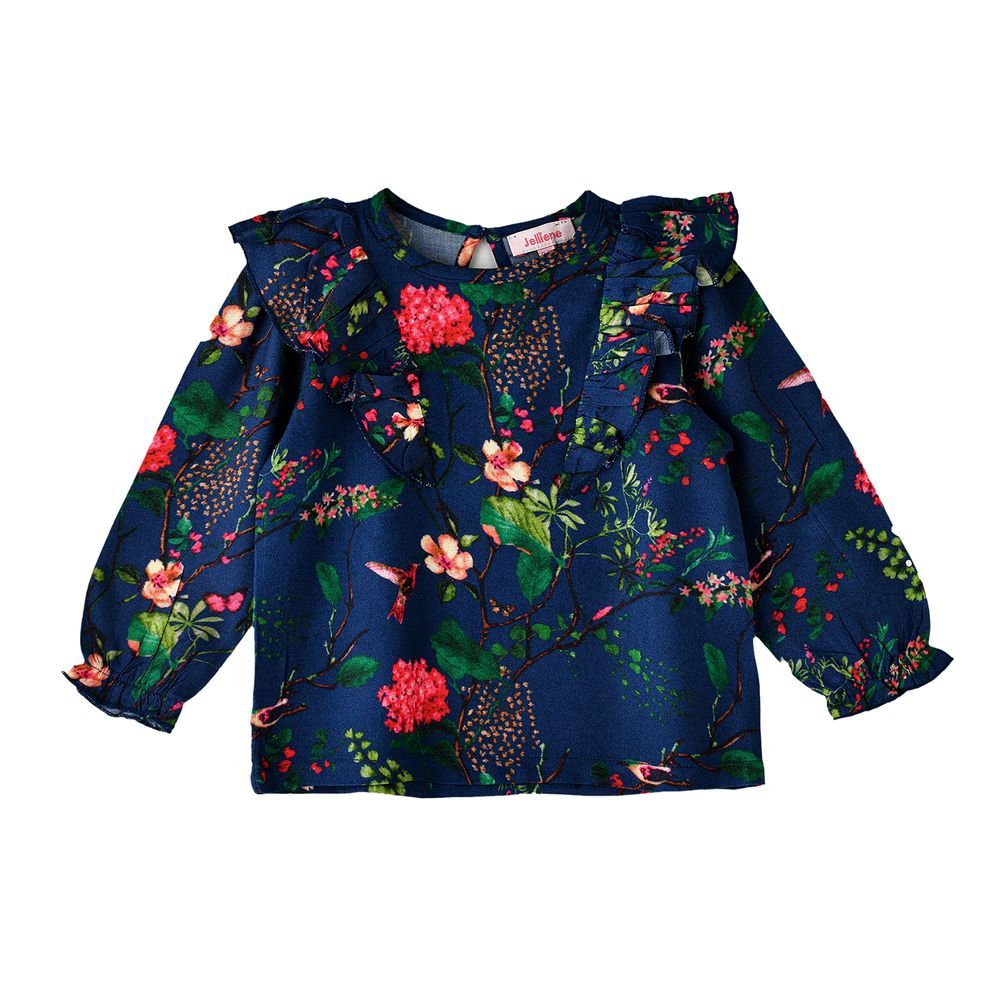 Jelliene - Girls' Floral Ruffle Detail Long-Sleeve Top