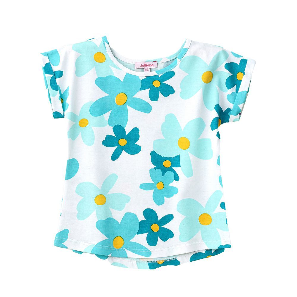 Jelliene - Aqua Blue Floral Cotton Tee For Girls