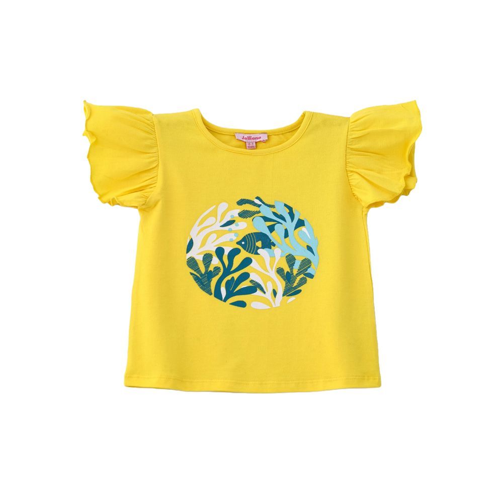 Jelliene - Girl's Leafy Circle Cotton T-Shirt - Yellow