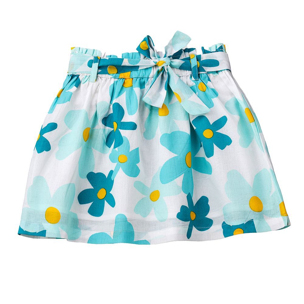 Jelliene - Aqua Floral Cotton Skirt With Tie Waist For Girls