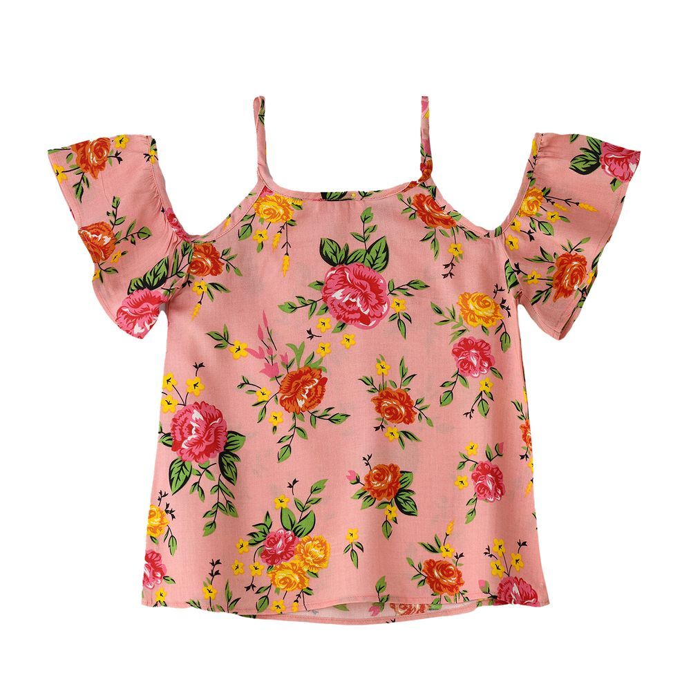 Jelliene - Girl's Floral Cold Shoulder Top - Pink