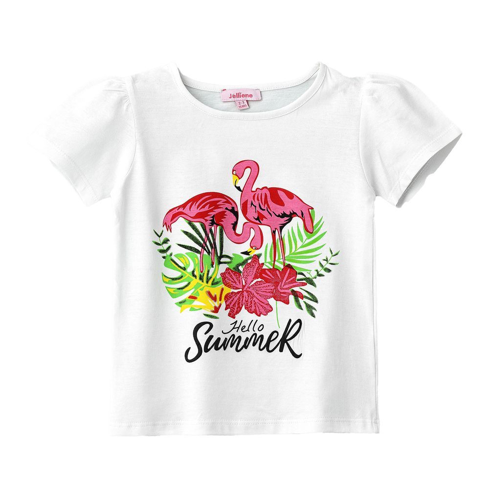 Jelliene - Girl's Hello Summer Flamingo Cotton Tee - White