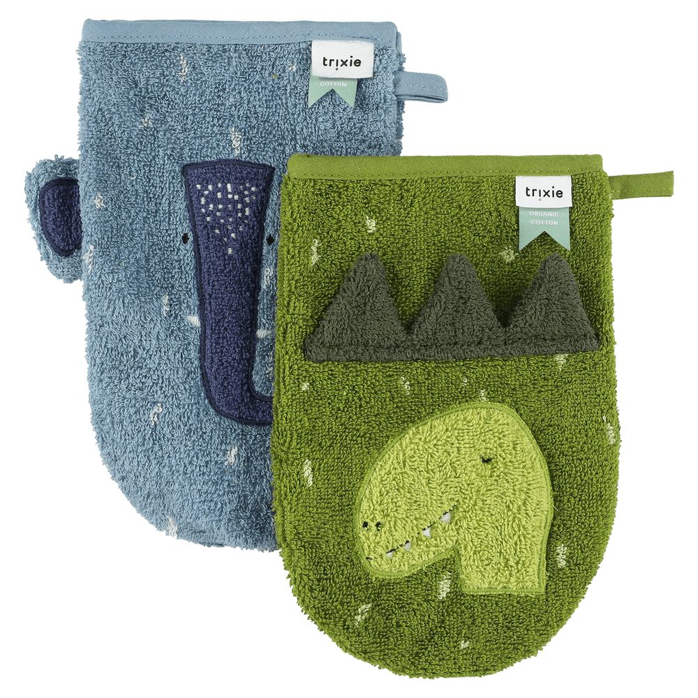 Trixie - Baby Washcloth Set - Mr. Dino/Mrs. Elephant - 2 Pcs