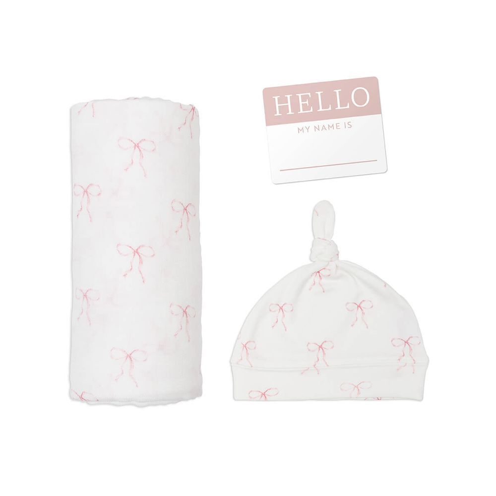 lulujo - Bows Hello World Bamboo Hat & Swaddle Blanket Set