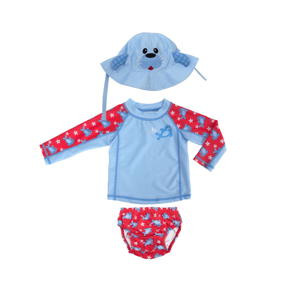 Zoocchini - Baby Swim Set – Rash Guard Top, Swim Diaper & Sun Hat - Seal