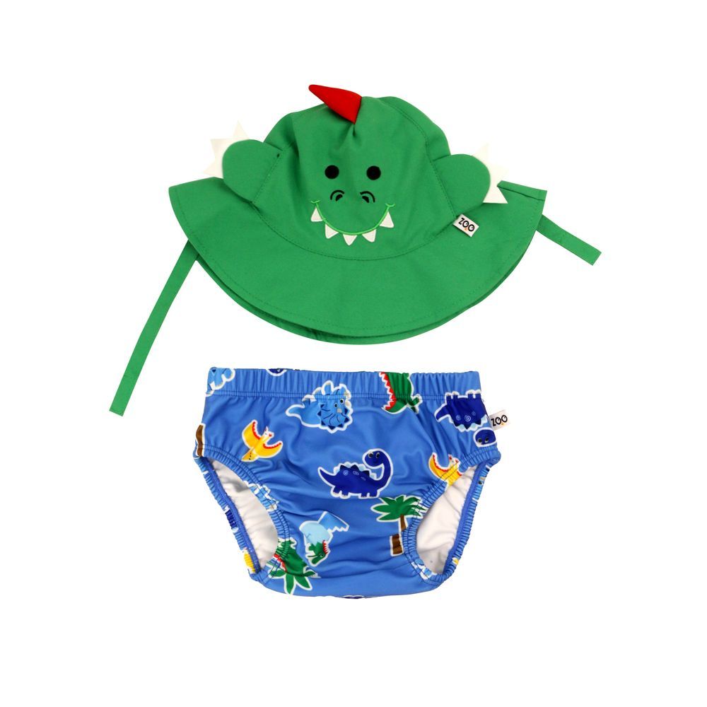 Zoocchini - Baby Swim Diaper & Sun Hat Set - Devin The Dino & Friends - 3-6M