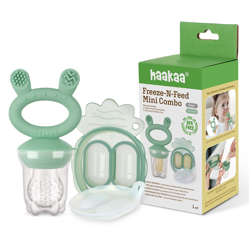 Haakaa - Freeze-N-Feed Fresh Food Feeder Teether And Nibble Tray Set - Pea Green - 2pcs