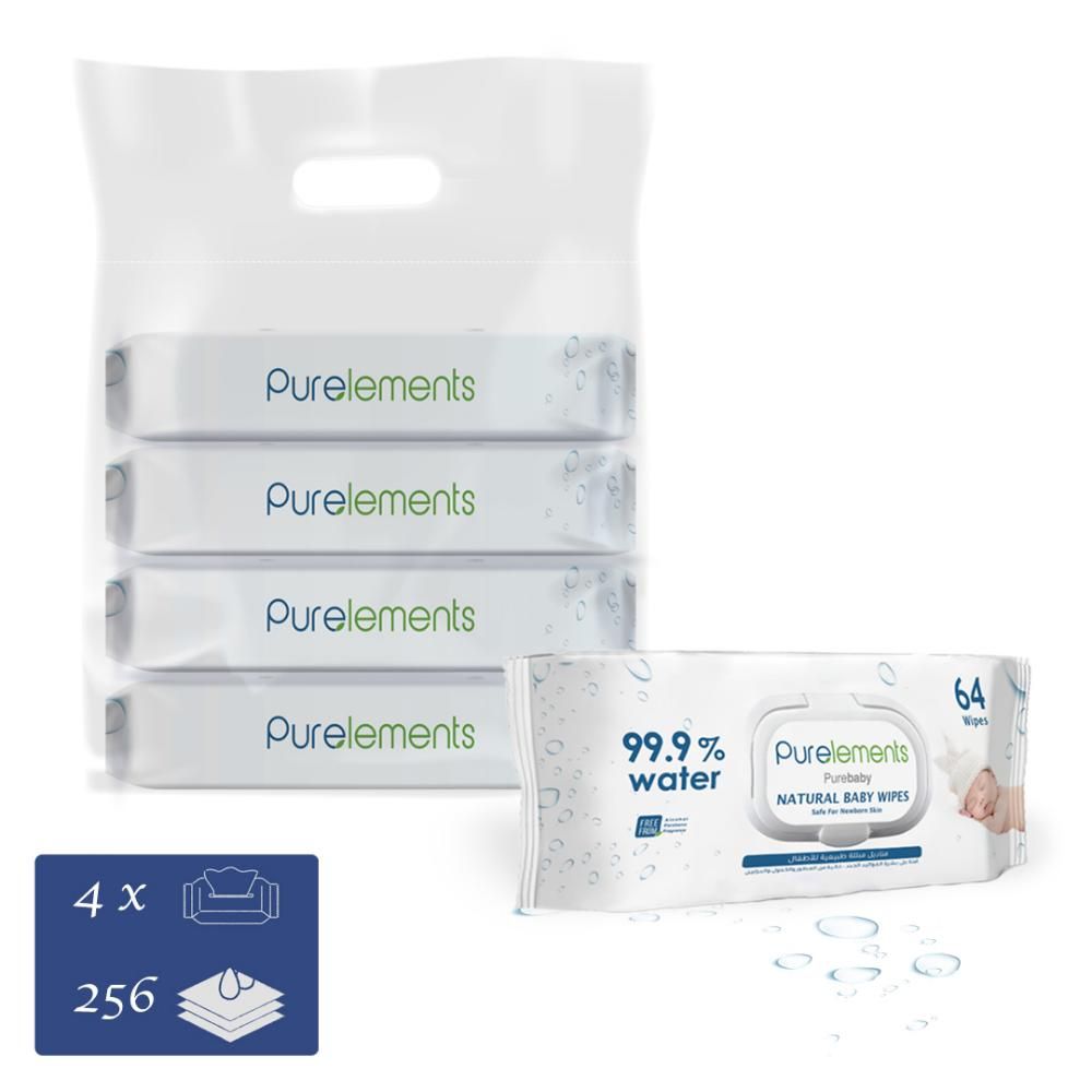 Purelements - Natural 99.9% Water Wipes - Pack of 4 - 256pcs