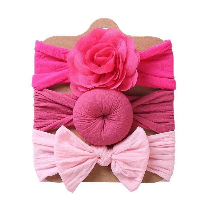 The Girl Cap - Stretchable Nylon Headband For Baby - 3pcs - Dark Pink, Light Pink, Pink