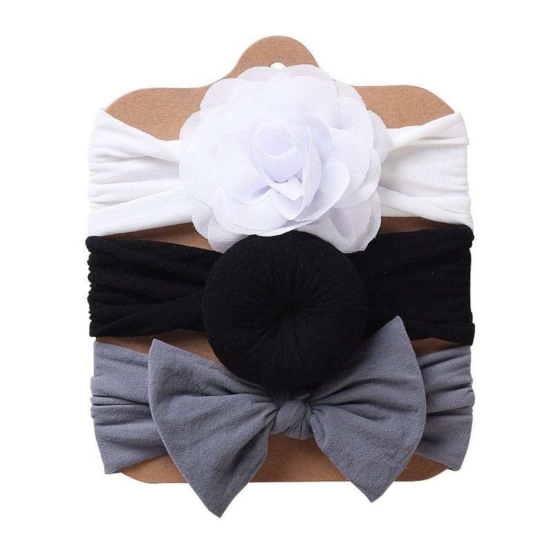 The Girl Cap - Stretchable Nylon Headband For Baby - 3pcs - White, Black, Grey