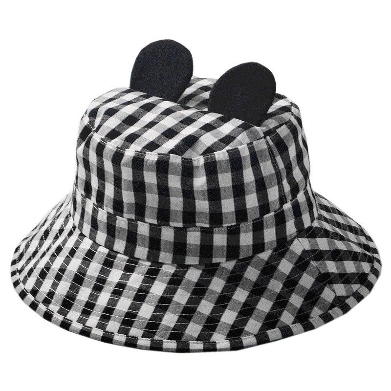 The Girl Cap - 3D Ears Detailed Checked Bucket Hat - Black/White