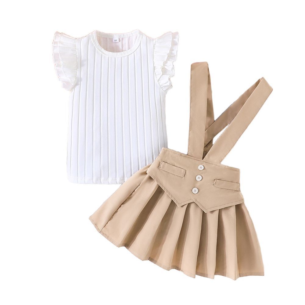 Sugar Rush - 2pc-Set - Solid Top And Skirt - Khaki/White