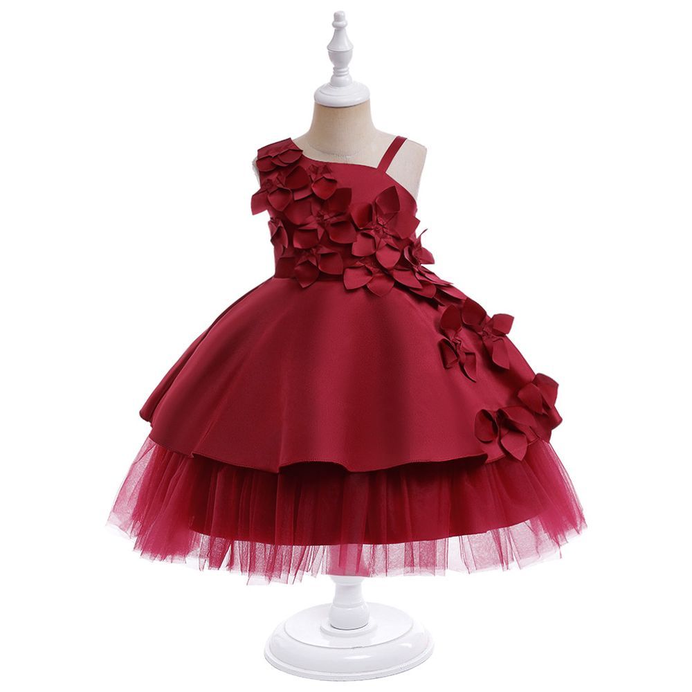 Sugar Rush - Flower Appliqued Party Dress - Maroon