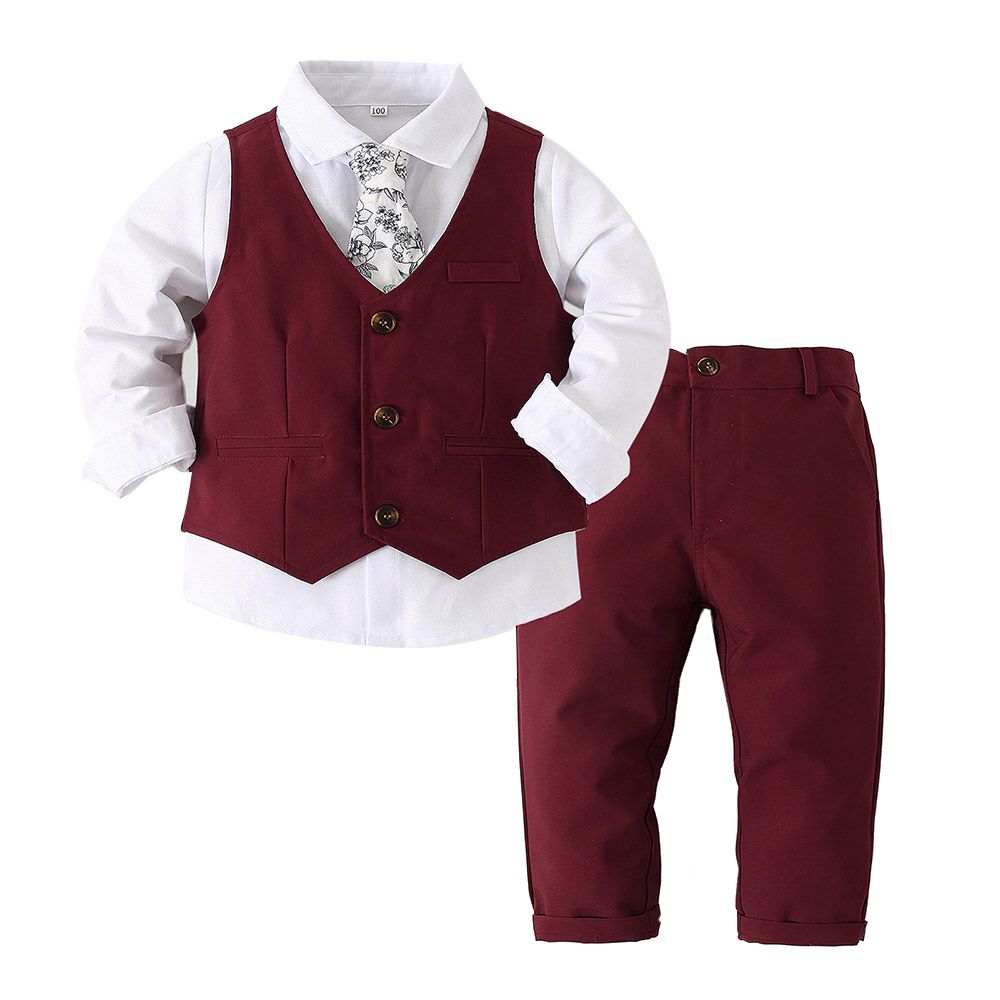 SUGAR RUSH - 4pc-Set - Classic Shirt, Waistcoat, Tie & Pants - Maroon