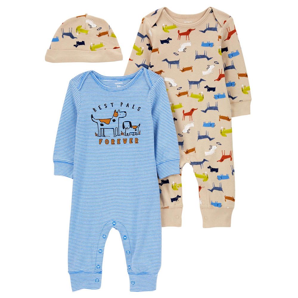 Carters - 3pc-Set - Boys Printed Sleepsuit And Beanie Cap