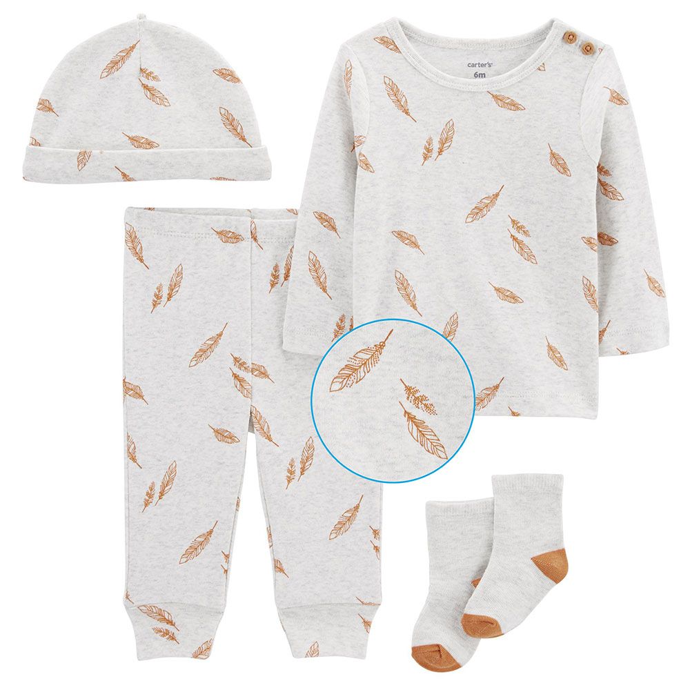 Carters - 4pc-Set - Printed Pyjama Suit w/ Beanie Cap & Socks - Heather