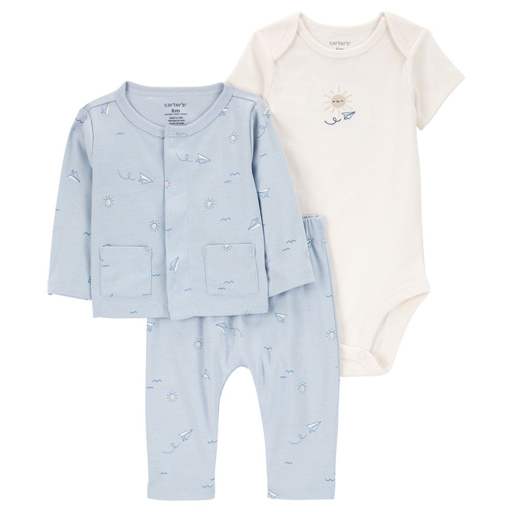 Carters - 3pc-Set - Little Cardigan, Bodysuit And Pants - Blue/White