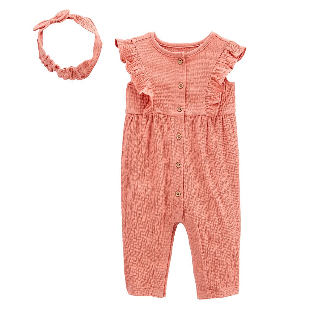 Carters - 2pc-Set - Crinkle Jersey Jumpsuit And Headwrap - Pink