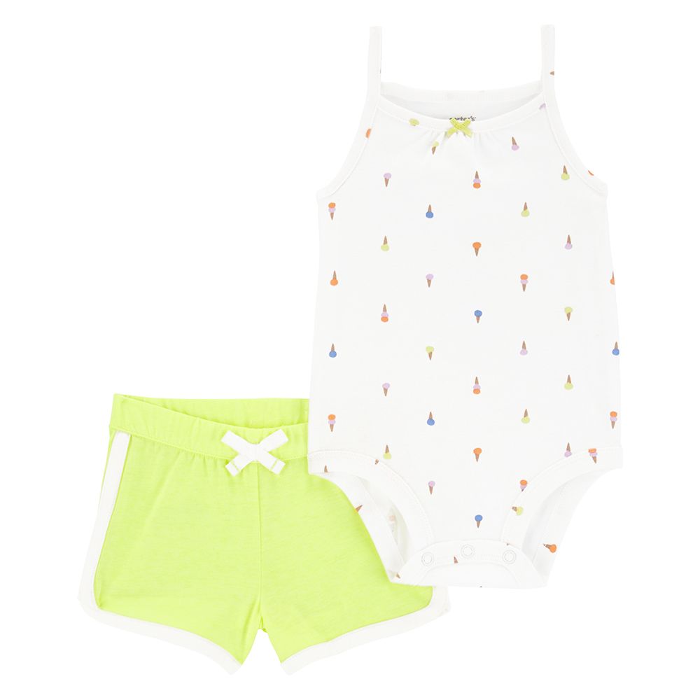 Carters - 2pc-Set - Ice Cream Tank Bodysuit And Shorts - White/Neon Yellow