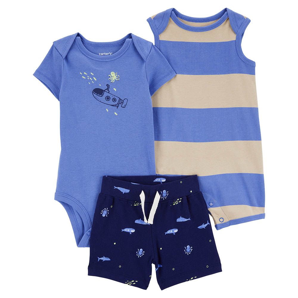 Carters - 3pc-Set - Ocean Bodysuit, Romper And Shorts