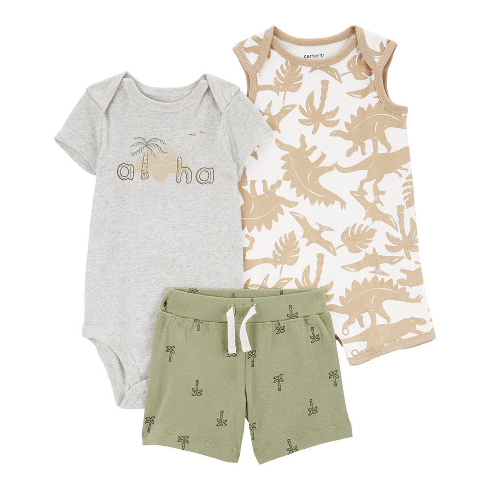 Carters - 3pc-Set - Dino Bodysuit, Romper And Shorts