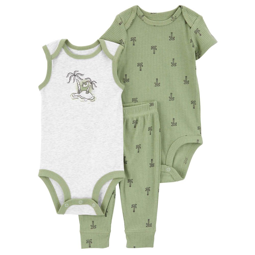 Carters - 3pc-Set - Palm Tree Little Bodysuit And Pants - Green/White