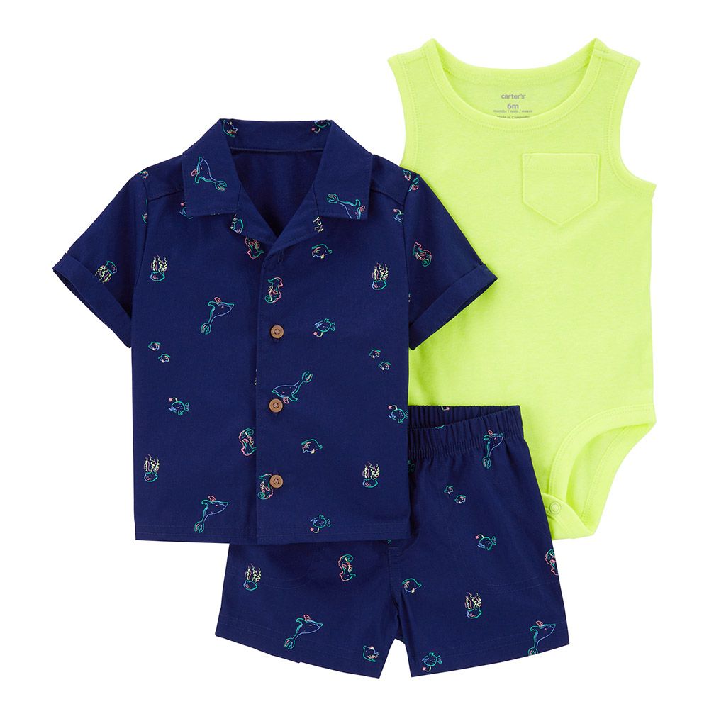 Carters - 3pc-Set - Little Bodysuit, Shirt And Shorts - Navy/Neon Yellow