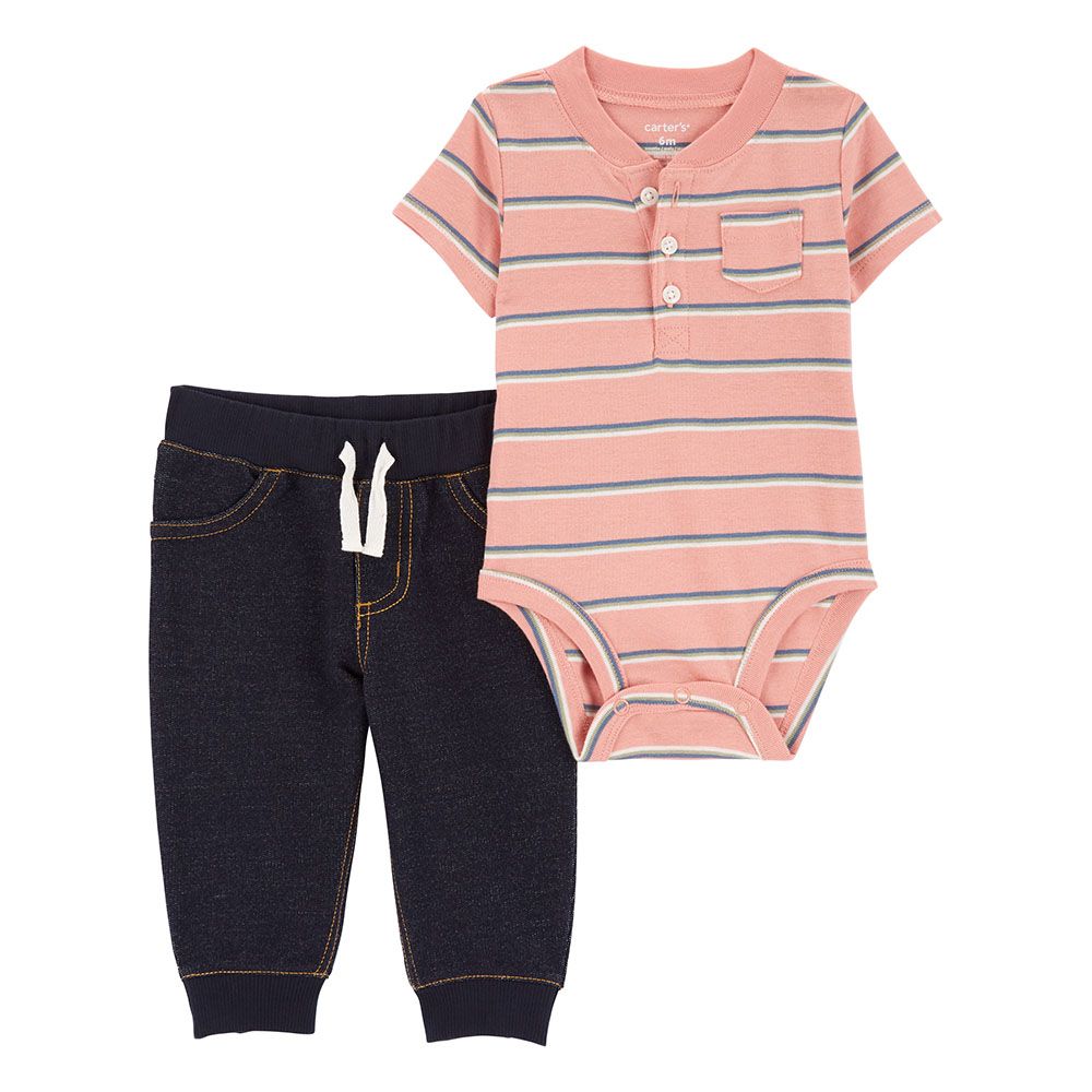 Carters - 2pc-Set - Striped Henley Bodysuit And Pants - Pink/Navy