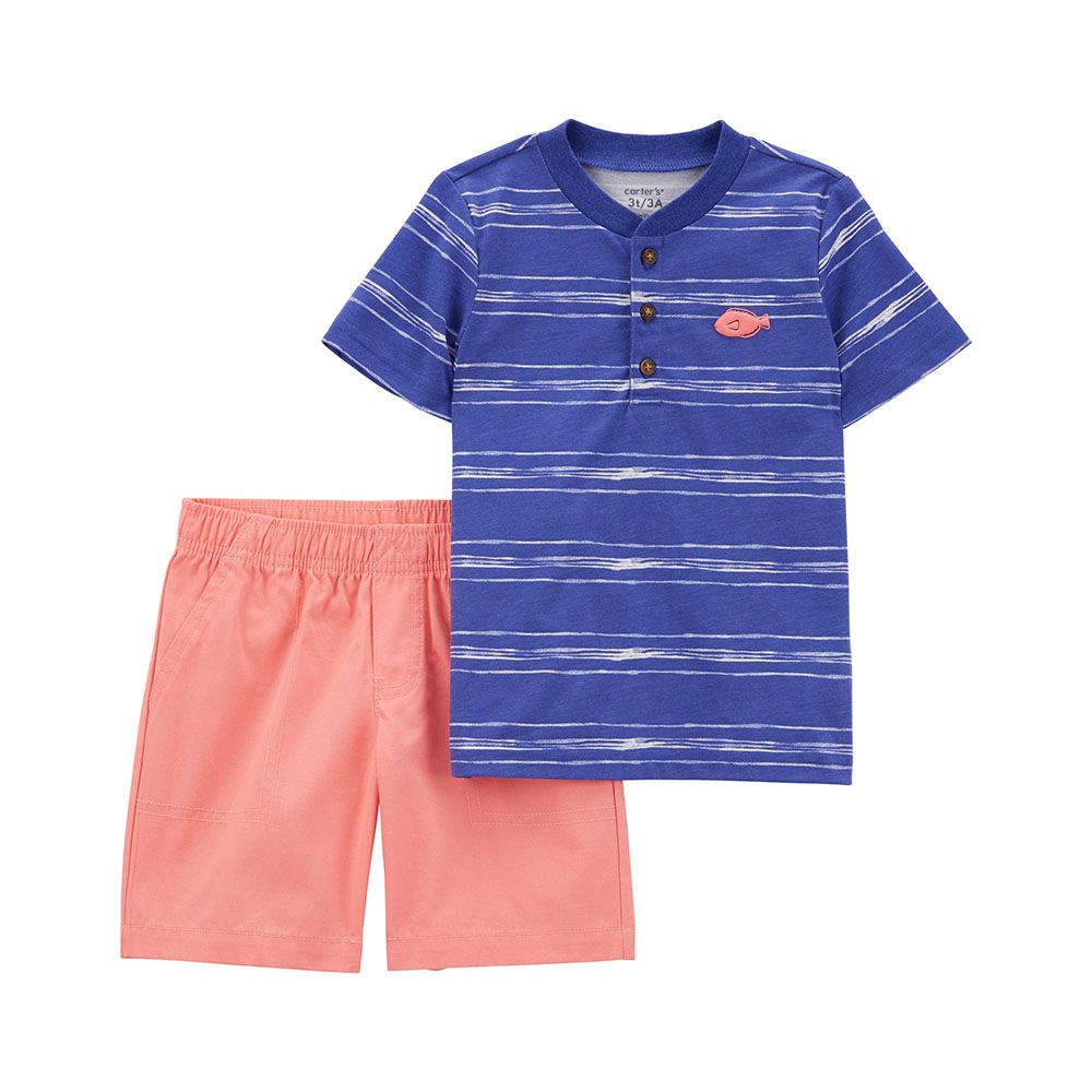 Carters - 2pc-Set - Baby Boys Striped Henley and Short Set - Blue