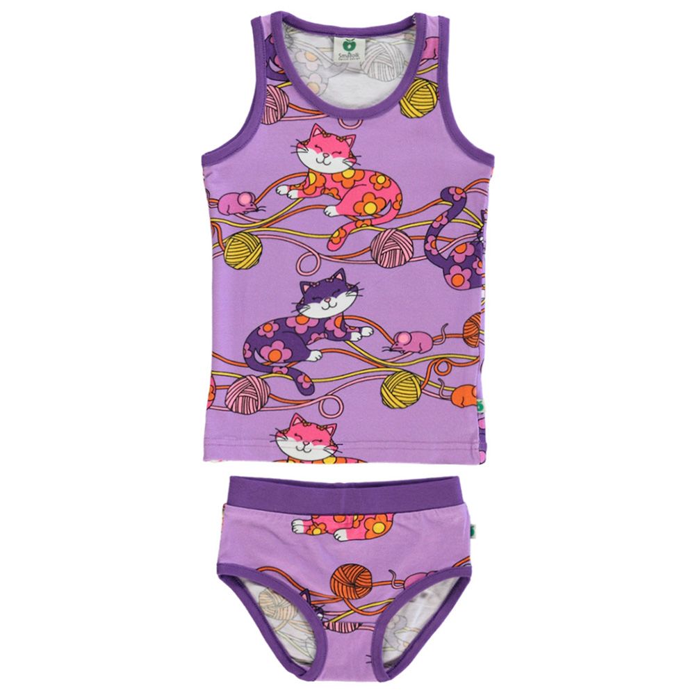 Smafolk - 2pc-Set - Cats Print Vest & Underwear - Purple