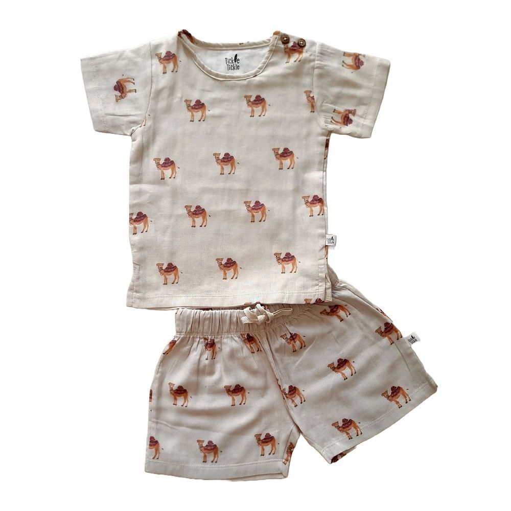 Tickle Tickle Organic Clothing - Camelot Organic Muslin Shorts And Tee Set - Beige