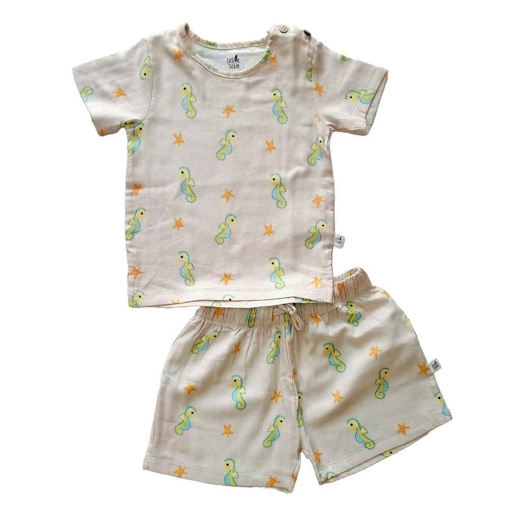 Tickle Tickle Organic Clothing - Sea Sparkle Organic Muslin Shorts And Tee Set - Beige