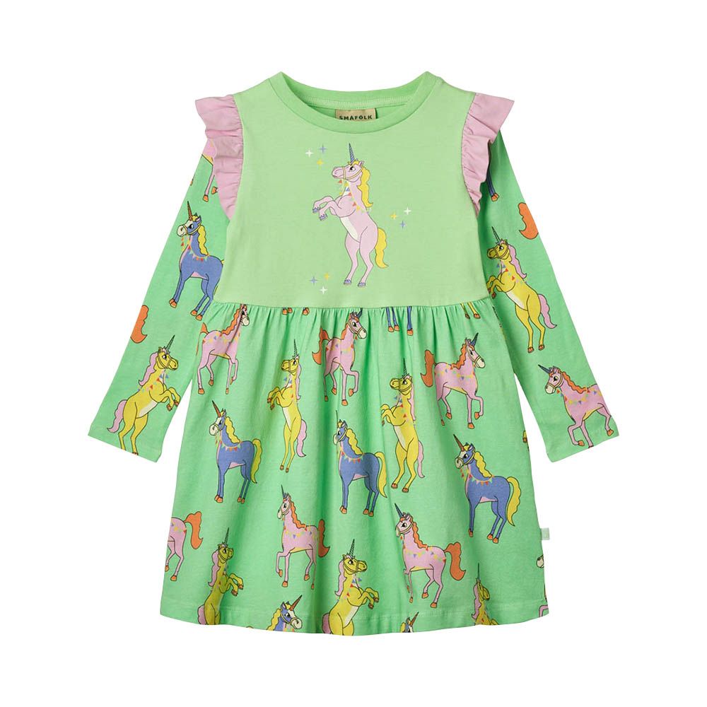 Smafolk - Unicorn Print Long Sleeve Dress - Green