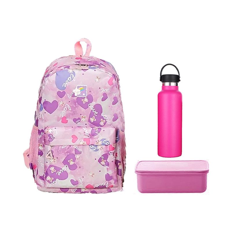 Star Babies - School Backpack W/ Eco Friendly Lunch Box Box W/ Spoon & Fork, Stainless Steel Water Bottle 600ml - Pink