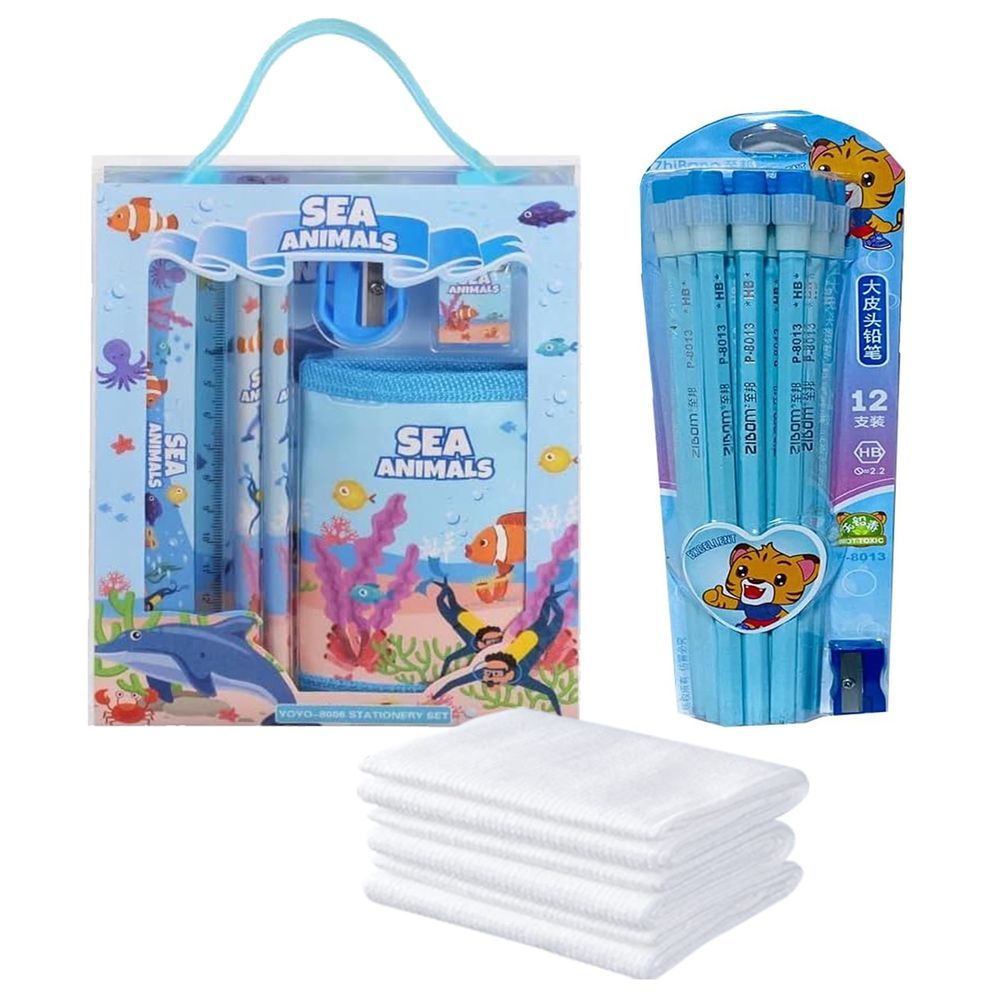 Star Babies - Stationery Set 6pcs With Pencil Set 12pcs and Disposable Towel 3pcs - Blue