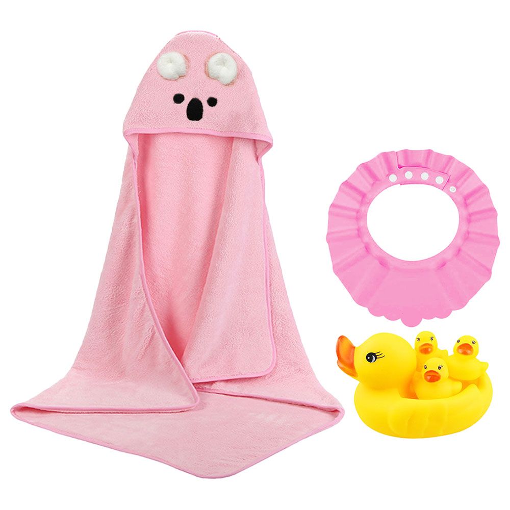 Star Babies - Microfiber Hooded Towel and Kids Shower Cap With Rubber duck 4pcs - Pink