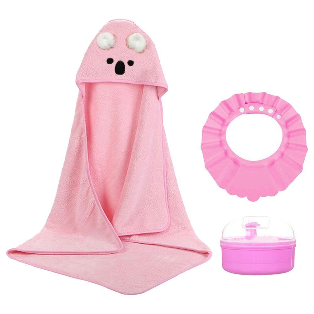 Star Babies - Microfiber Hooded Towel and Kids Shower Cap With Powder Puff - Pink