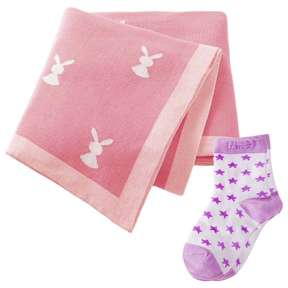 Star Babies - Baby Cotton Knitted Blanket 80 x 100 cm and Kids Socks - Pink