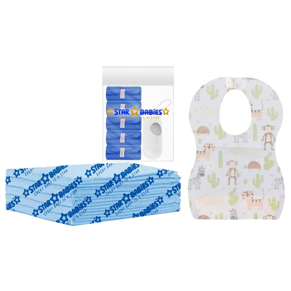 Star Babies - Disposable Changing Mat 5pcs, Printed Bibs 5pcs, Scented Bag w/ Dispenser