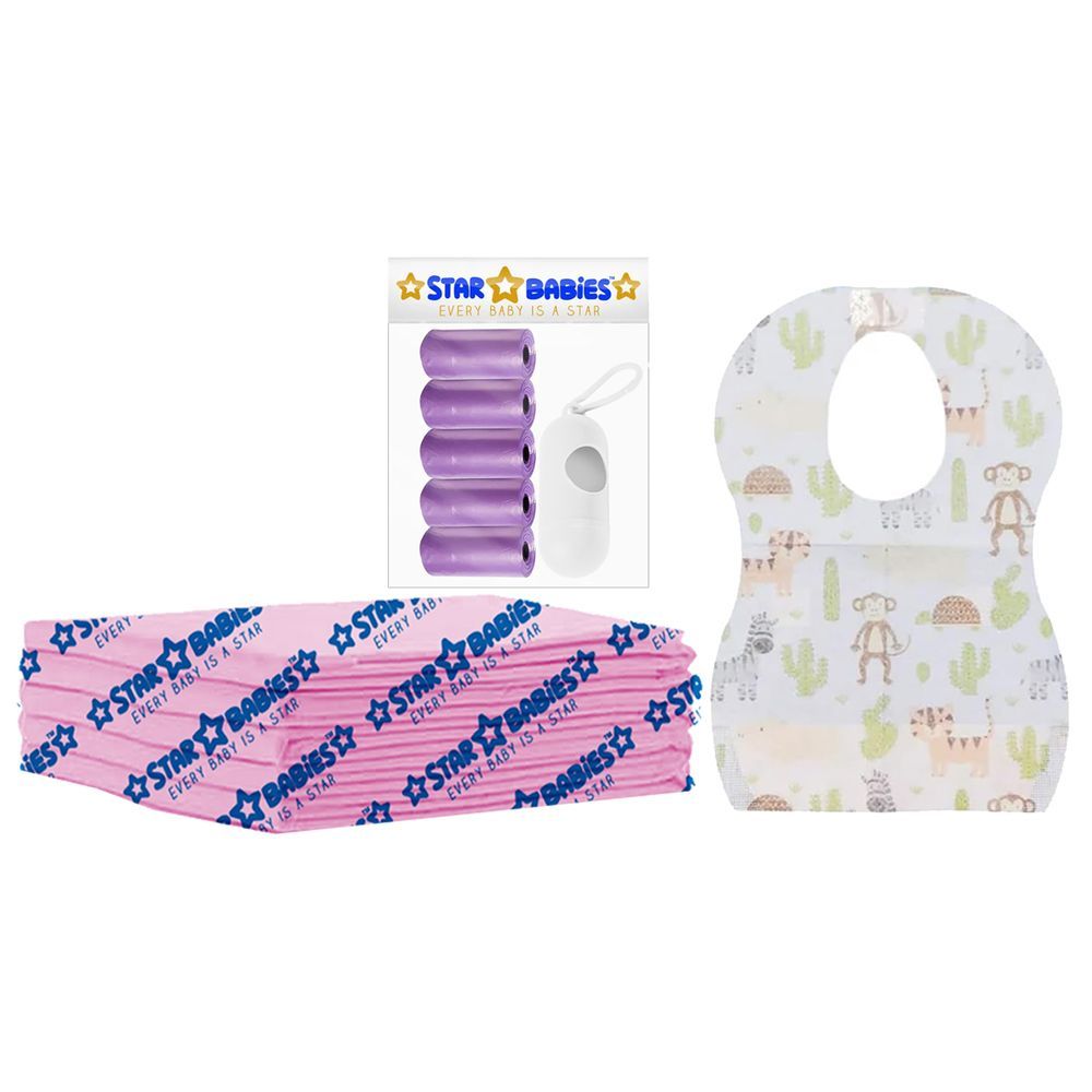 Star Babies - Disposable Changing Mat 5pcs, Bibs 5pcs, Scented Bag w/ Dispenser - Lavender