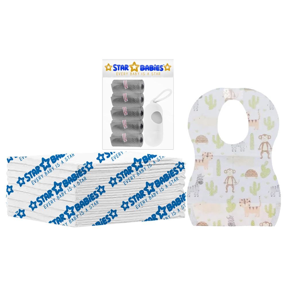 Star Babies - Disposable Changing Mat 8pcs, Bibs 8pcs, Scented Bag w/ Dispenser - Grey